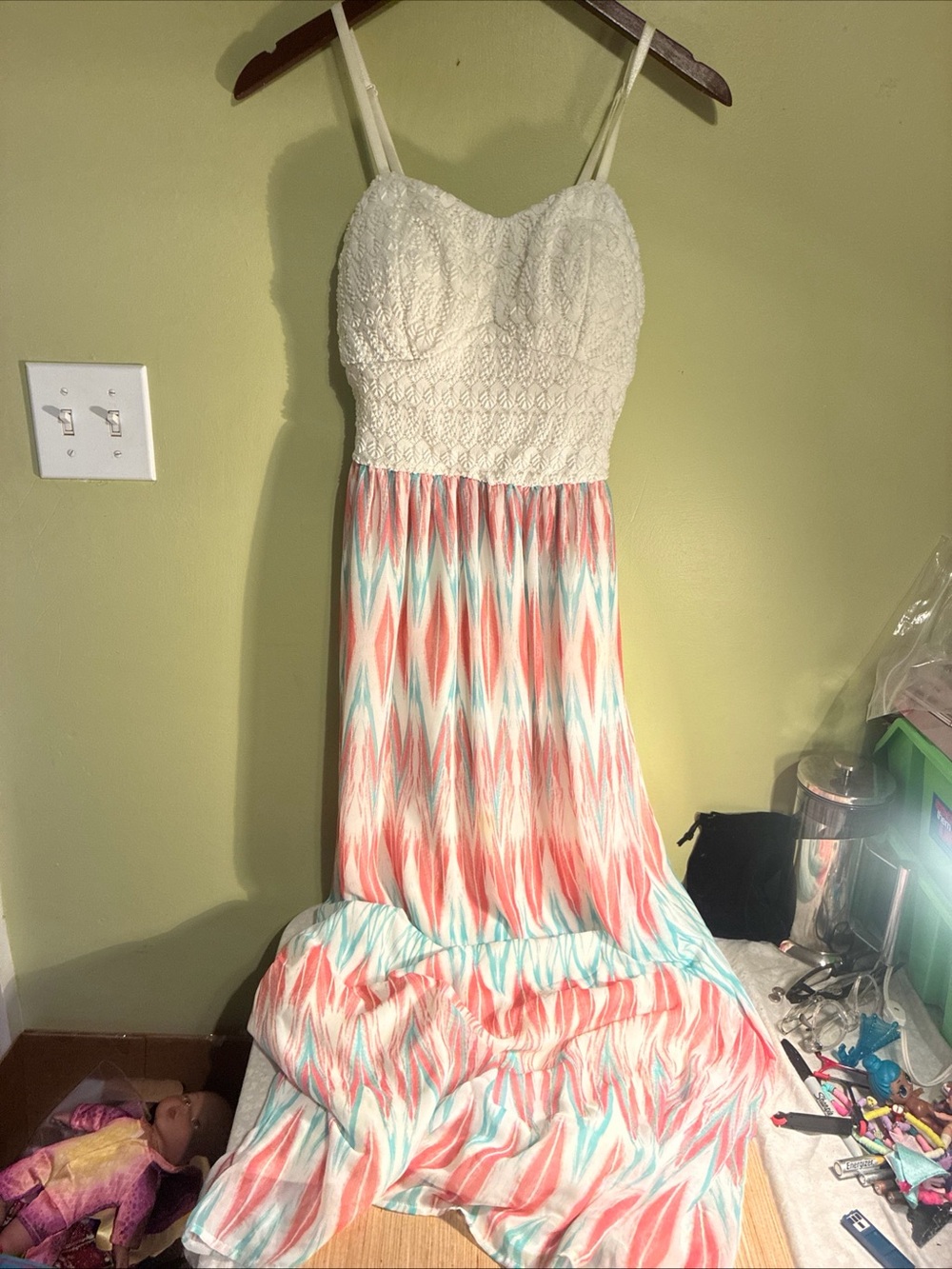 Lily Rose White Lace Bodice Coral & Aqua Patterned Maxi Dress Size XL
